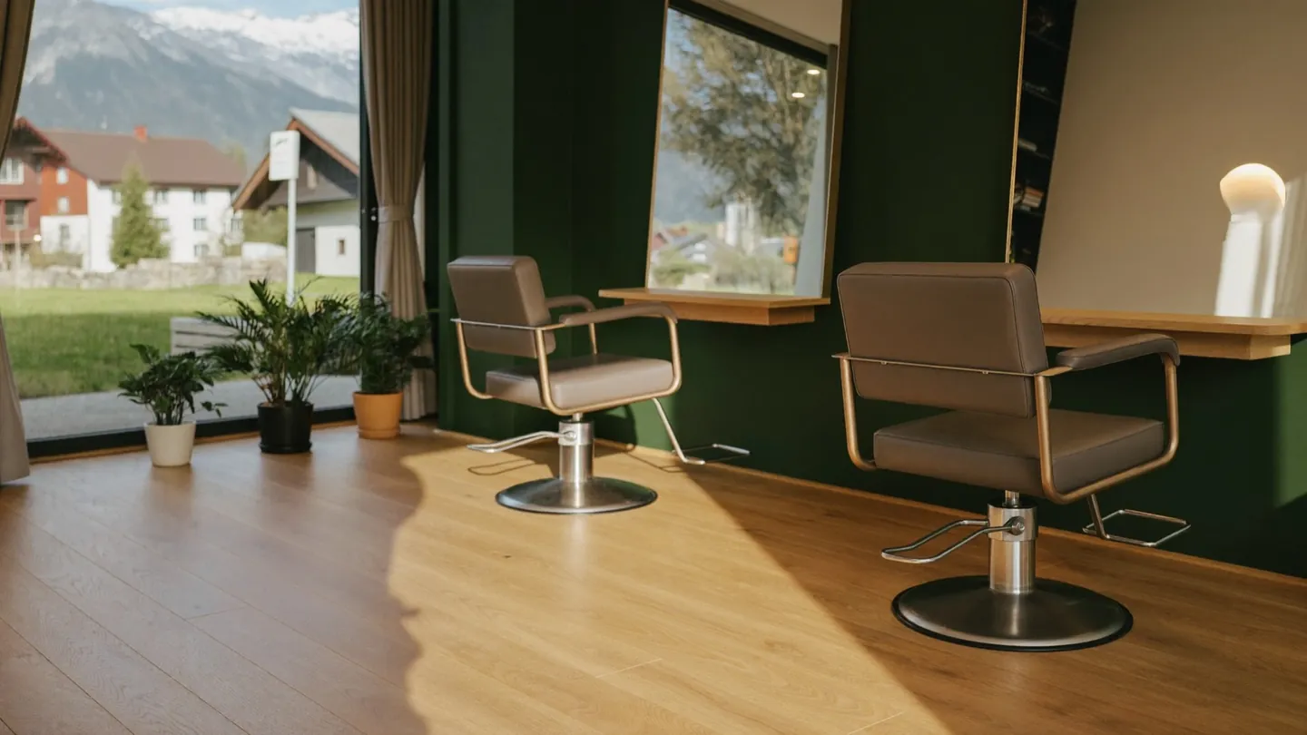 Heller Salonraum mit zwei Stylingstühlen, großen Spiegeln und Blick ins Grüne