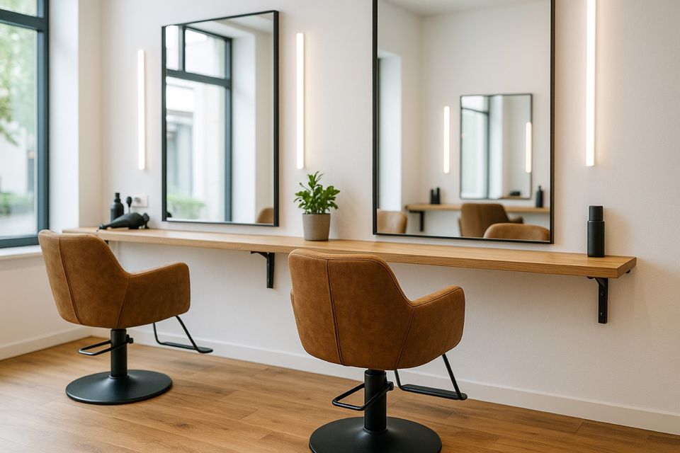 Der Salon von innen: Stylingstühle vor großen Spiegeln, helles Licht