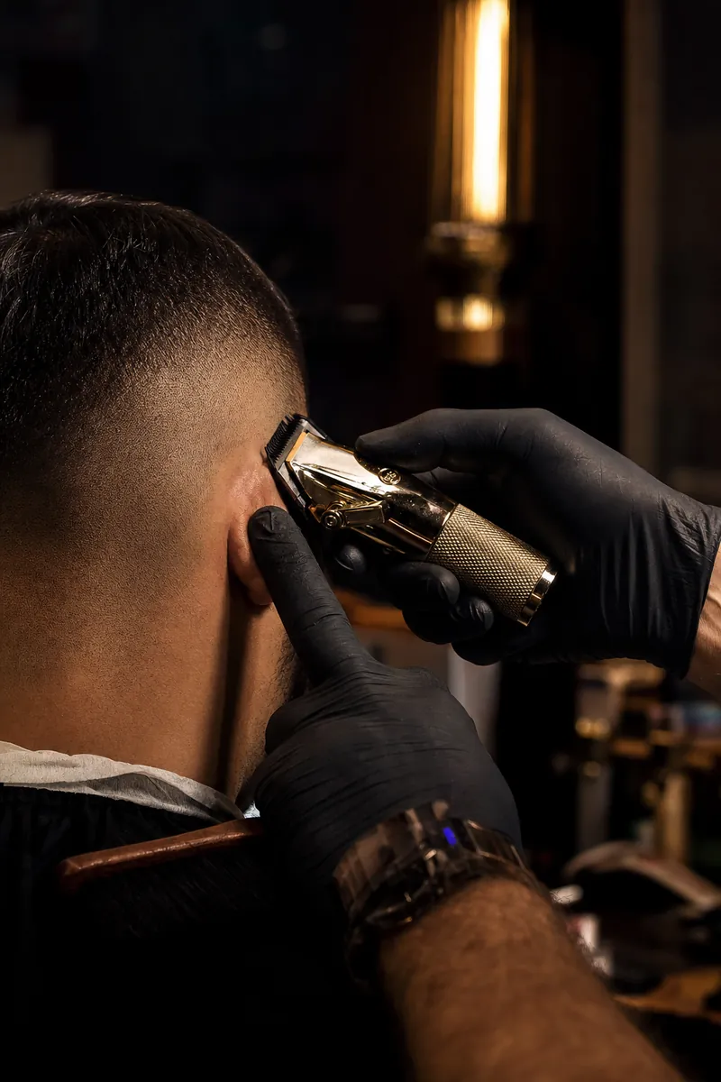 Ein Kunde von hinten im Barbershop, der Barbier setzt die Haarschneidemaschine am Übergang an