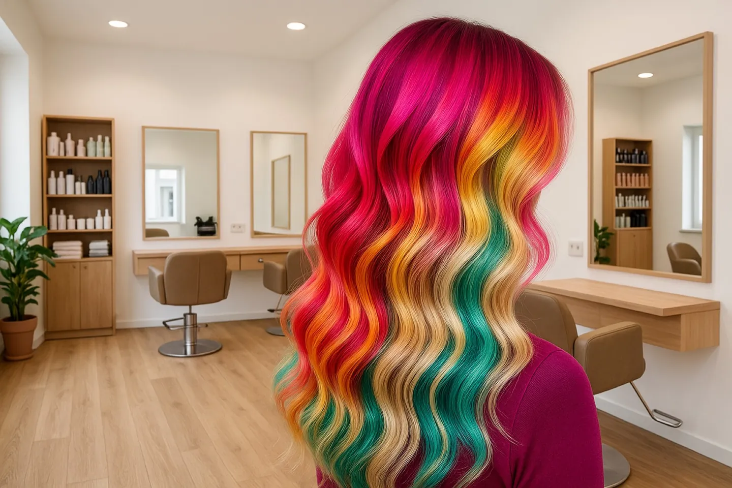 Fertige Regenbogenfarbe: lange Wellen in Pink, Orange, Gelb und Türkis, von hinten im Salon fotografiert